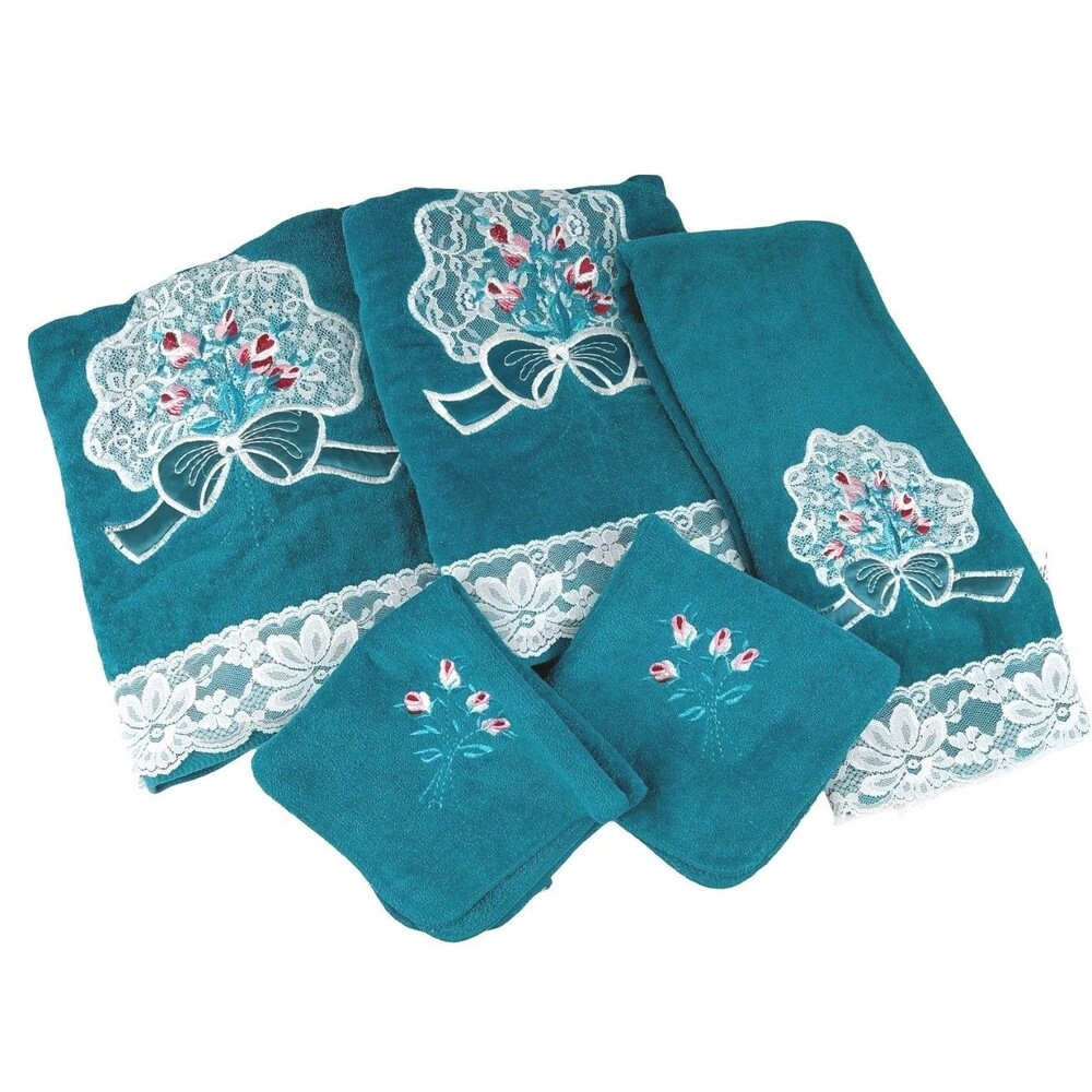 Vtg JC Penny's Cotton Lace Trim Ribbon & Rose 5 Pc Towel Set Dark Green USA NOS